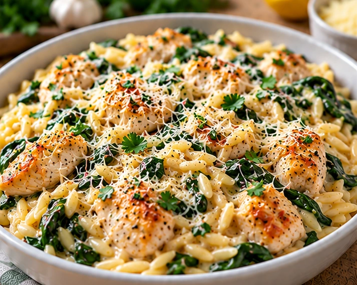 Creamy Garlic Chicken & Spinach Orzo